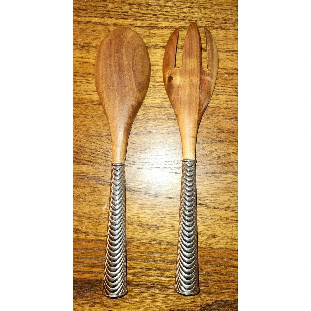 Reed & Barton Wood and Silver Tone Metal Ribbed Handle Salad Servers Set of 2